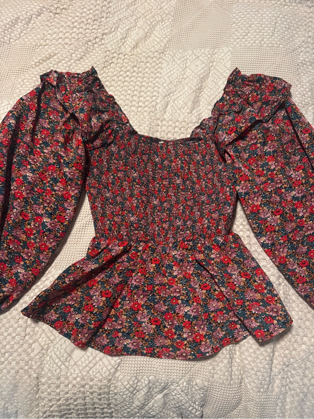 entro Floral Smocked Peplum Blouse in Red, Pink and Green